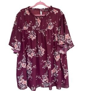 Bloomchic Floral Blouse Womens Plus Size 26 Maroon Lined Flowy Sprint Casual